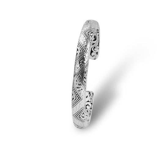 Balinese Geometric Batik Sterling Silver Cuff Bracelet with Intricate Scrollwork