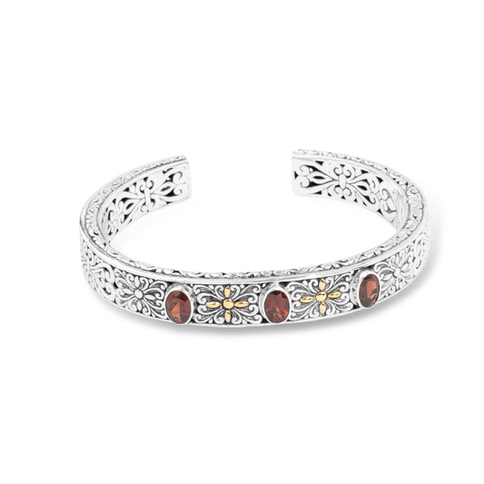 Royal Bloom – Three Garnet Balinese Silver Cuff