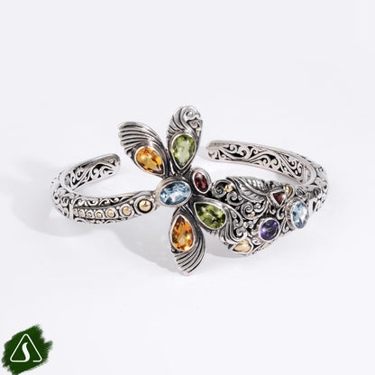 Handmade Sterling Silver Gemstone Flower Cuff Bracelet, Bali Floral Bangle with Multi Gemstones, Artisan Botanical Jewelry