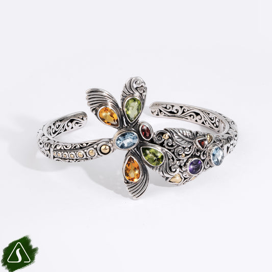 Handmade Sterling Silver Gemstone Flower Cuff Bracelet, Bali Floral Bangle with Multi Gemstones, Artisan Botanical Jewelry