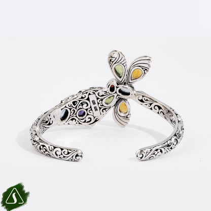 Handmade Sterling Silver Gemstone Flower Cuff Bracelet, Bali Floral Bangle with Multi Gemstones, Artisan Botanical Jewelry