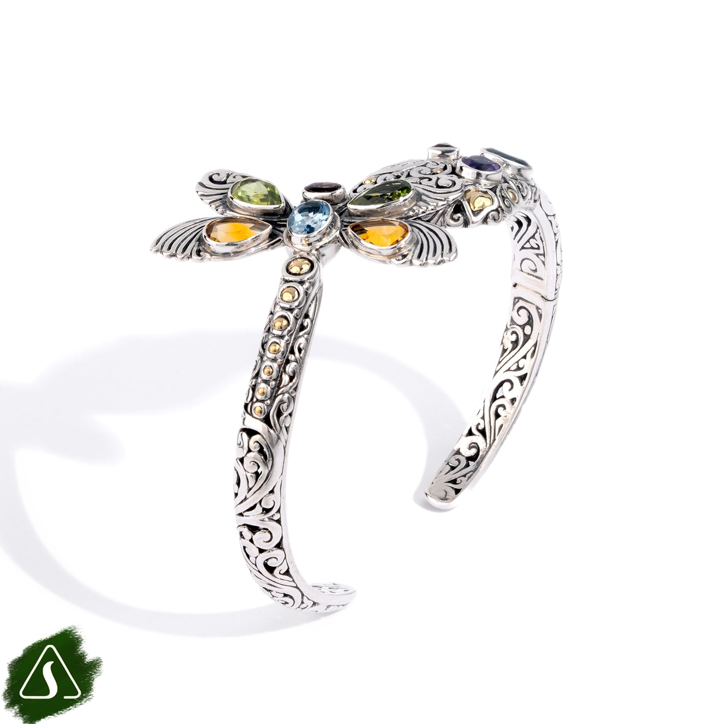 Dragonfly Cuff Bangle with Multi Gemstones