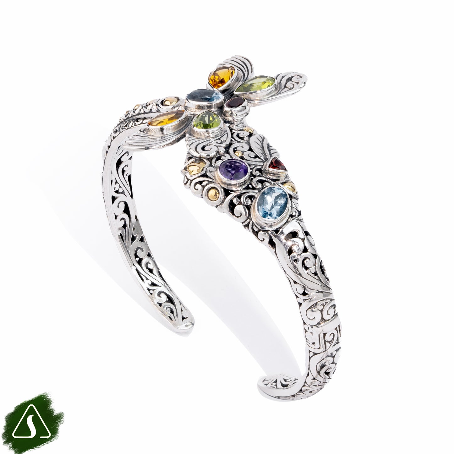 Dragonfly Cuff Bangle with Multi Gemstones