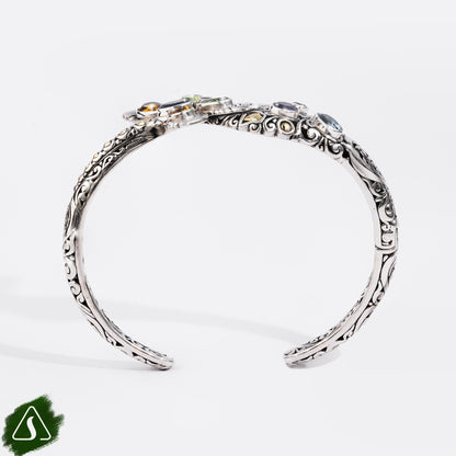 Handmade Sterling Silver Gemstone Flower Cuff Bracelet, Bali Floral Bangle with Multi Gemstones, Artisan Botanical Jewelry