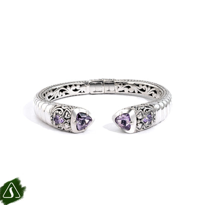 Handcrafted Sterling Silver Open Cuff Bracelet with Amethyst