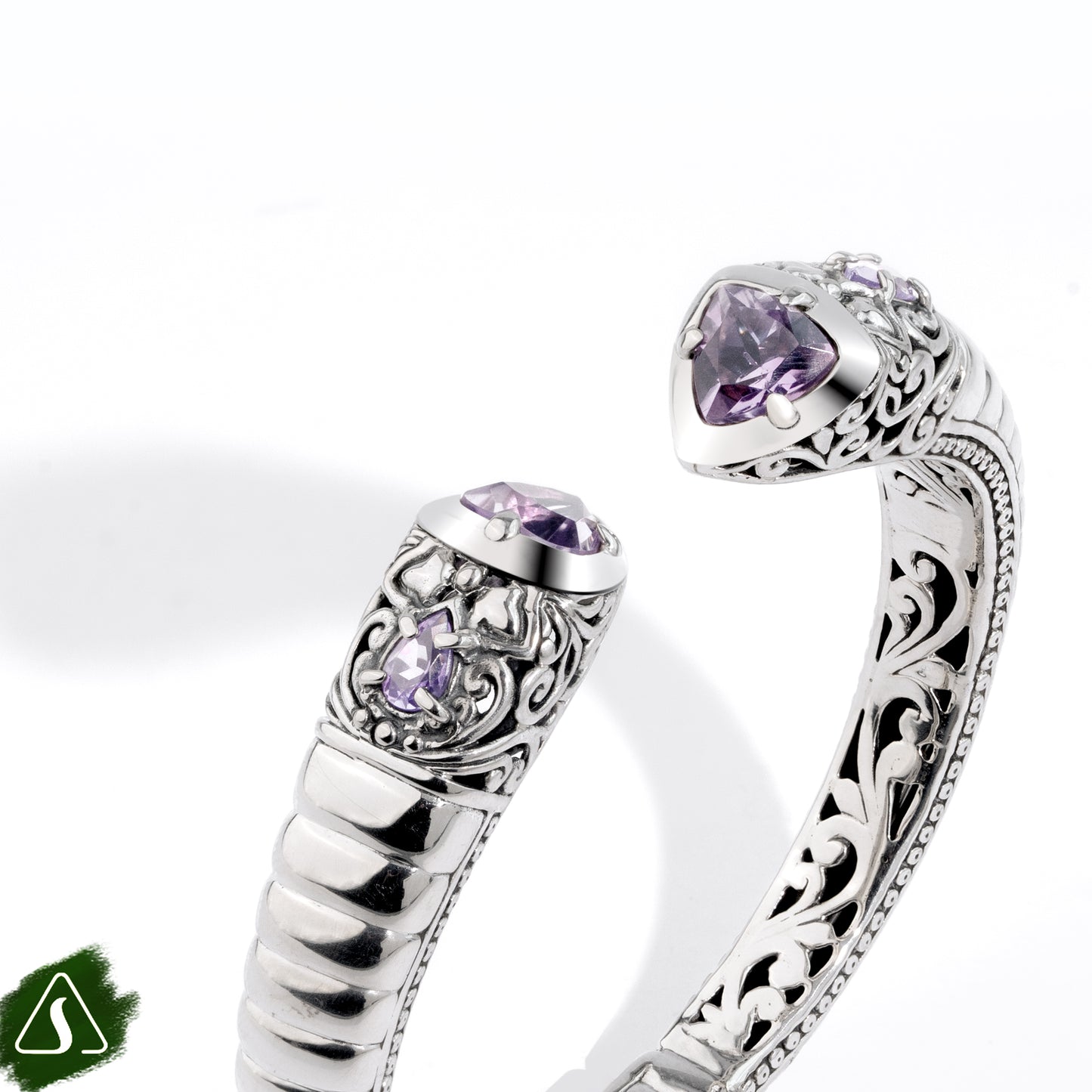 Handcrafted Sterling Silver Open Cuff Bracelet with Amethyst