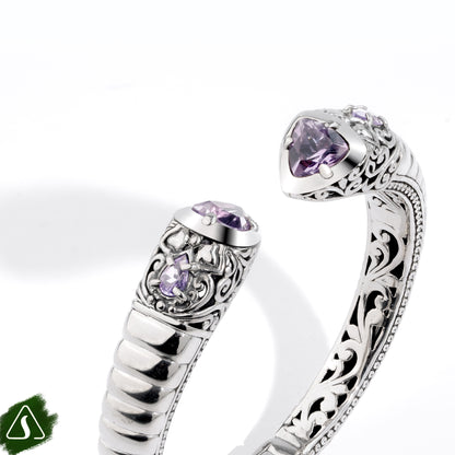 Handcrafted Sterling Silver Open Cuff Bracelet with Amethyst