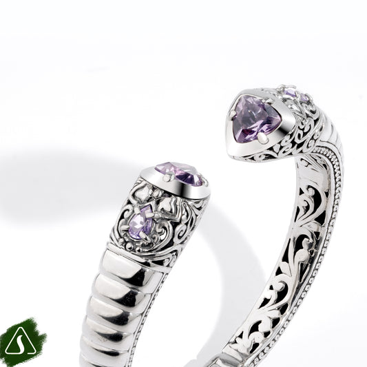 Handcrafted Sterling Silver Open Cuff Bracelet with Amethyst