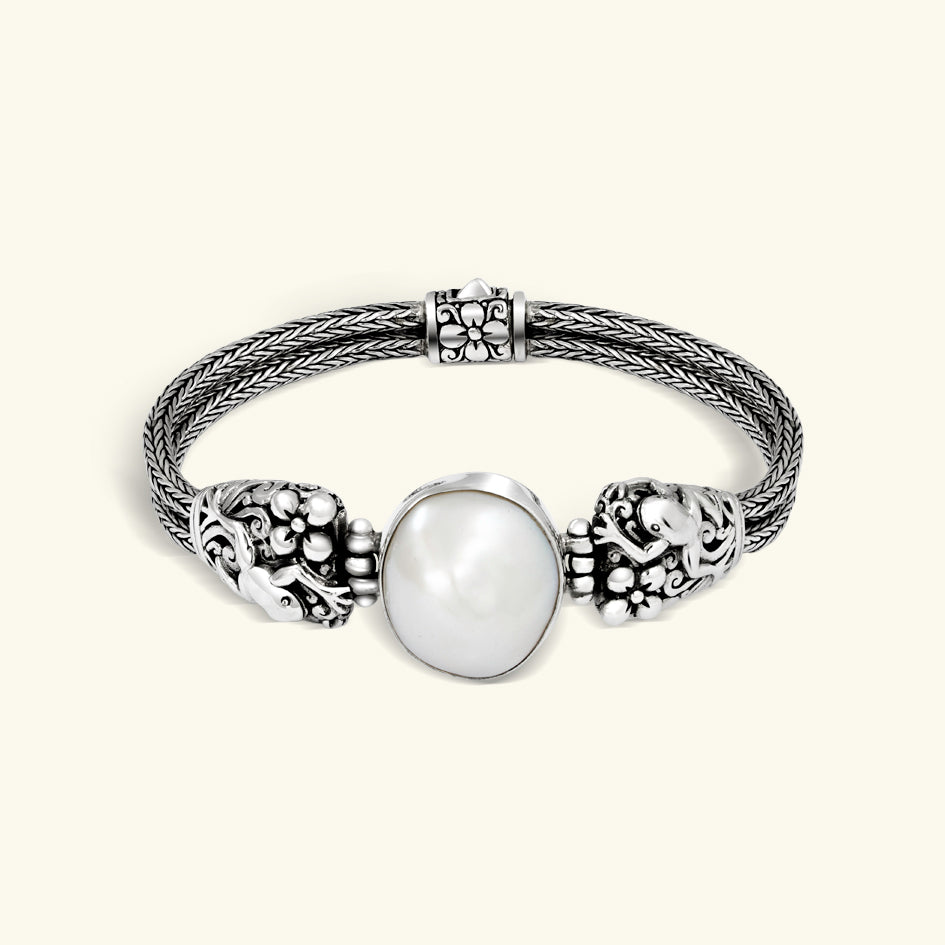 Sterling Silver Frog Carved Chain Bracelet with White Pearl