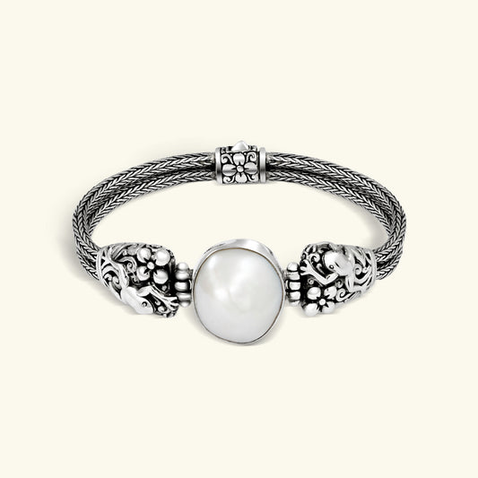 Sterling Silver Frog Carved Chain Bracelet with White Pearl