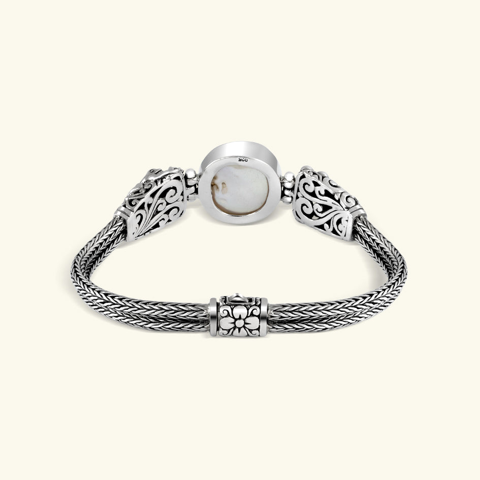 Sterling Silver Frog Carved Chain Bracelet with White Pearl
