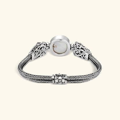Sterling Silver Frog Carved Chain Bracelet with White Pearl