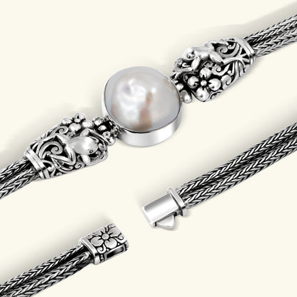 Sterling Silver Frog Carved Chain Bracelet with White Pearl