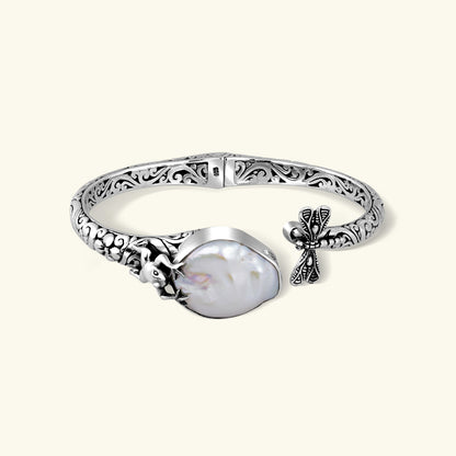 Sterling Silver Frog Engraved Pearl Bracelet