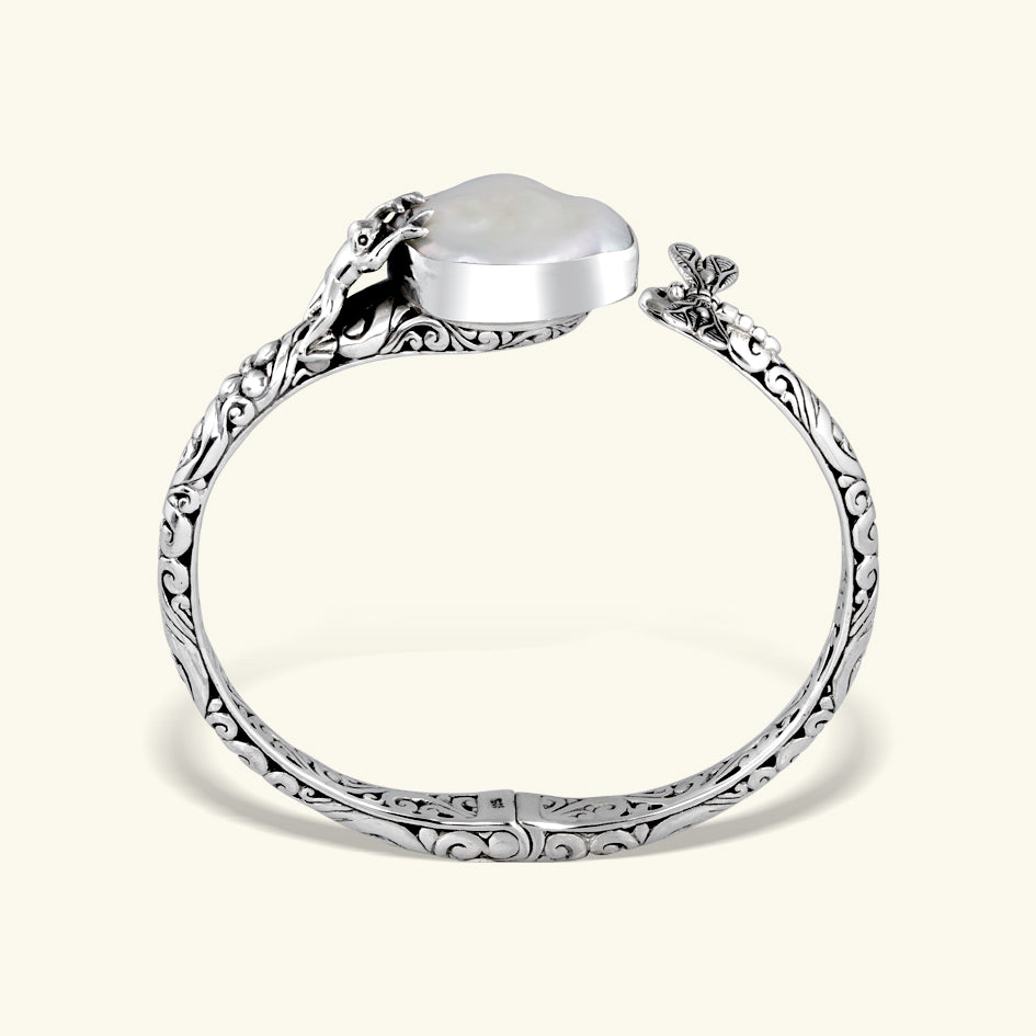 Sterling Silver Frog Engraved Pearl Bracelet