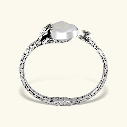 Sterling Silver Frog Engraved Pearl Bracelet