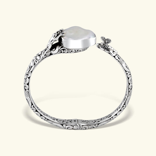 Sterling Silver Frog Engraved Pearl Bracelet