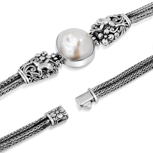 Sterling Silver Frog Carved Chain Bracelet with White Pearl
