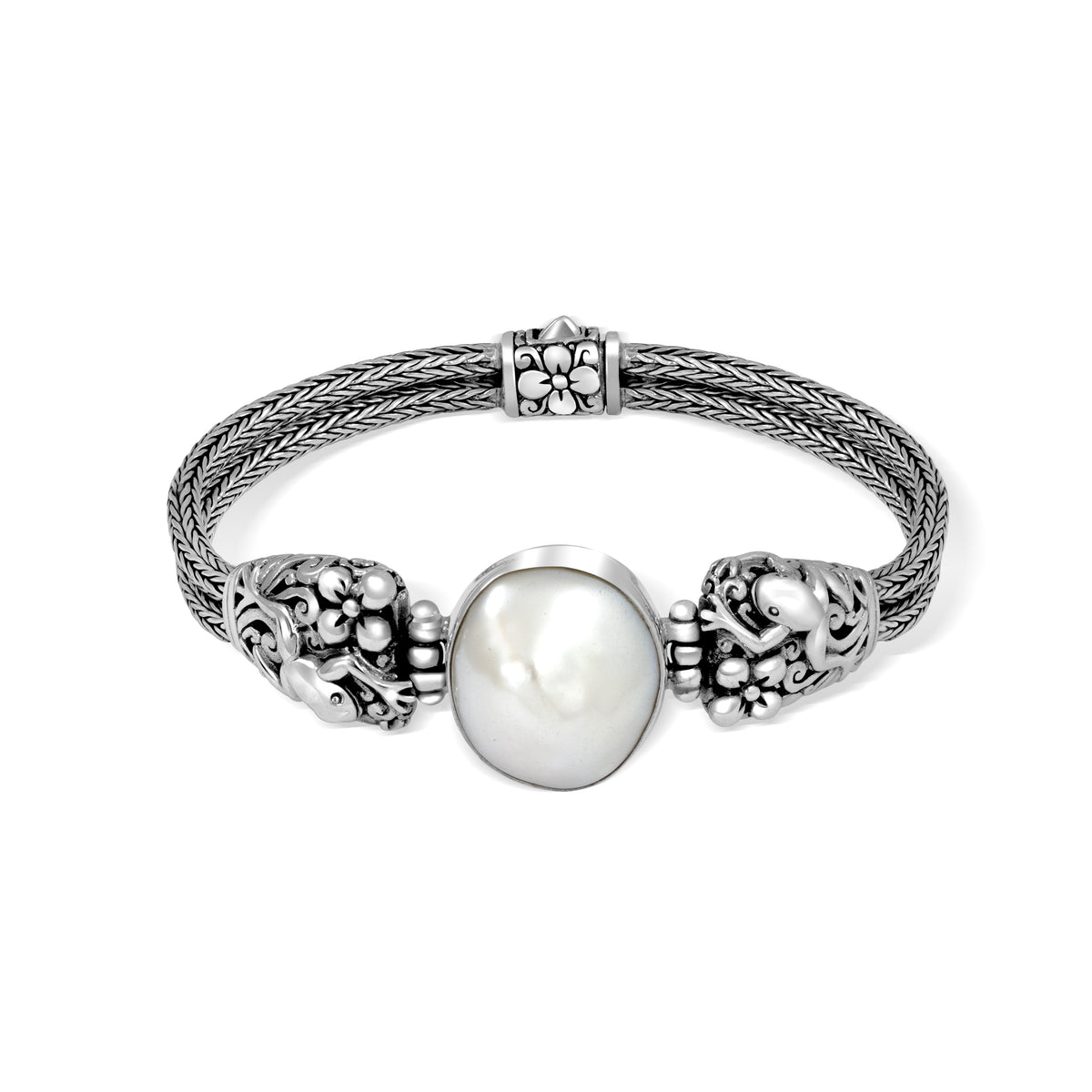 Sterling Silver Frog Carved Chain Bracelet with White Pearl