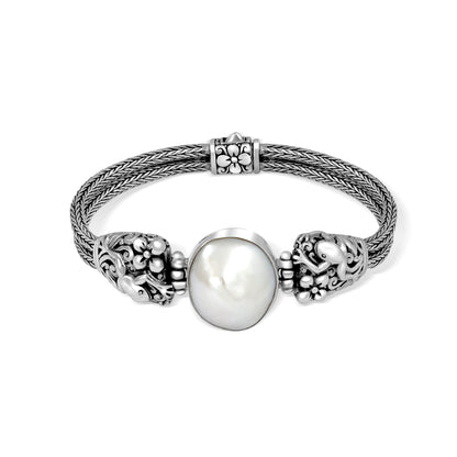 Sterling Silver Frog Carved Chain Bracelet with White Pearl