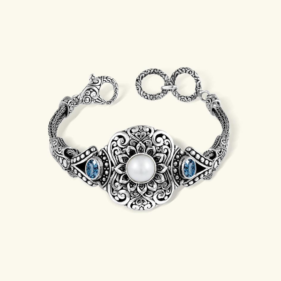 925 Sterling Silver Pearl Bracelet with Blue Topaz Accents