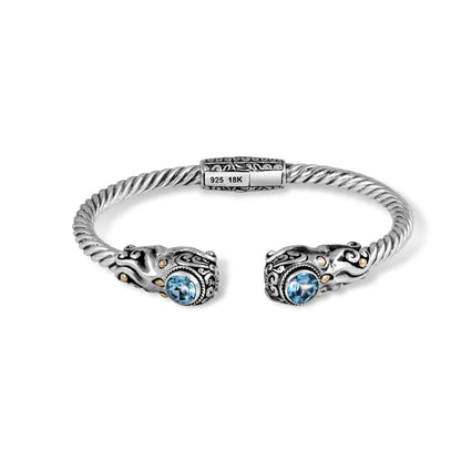 Handcrafted 925 Sterling Silver Twisted Rope Cuff Bracelet with Ornate Details and Dual Blue Gemstone Accents