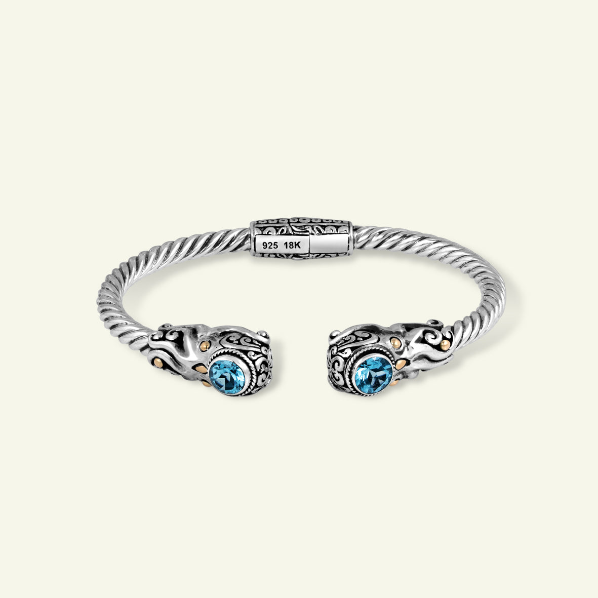 Handcrafted 925 Sterling Silver Twisted Rope Cuff Bracelet with Ornate Details and Dual Blue Gemstone Accents