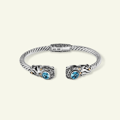 Handcrafted 925 Sterling Silver Twisted Rope Cuff Bracelet with Ornate Details and Dual Blue Gemstone Accents
