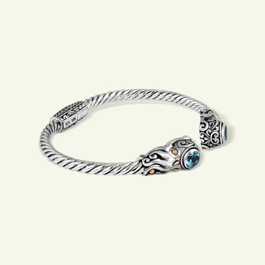 Handcrafted 925 Sterling Silver Twisted Rope Cuff Bracelet with Ornate Details and Dual Blue Gemstone Accents