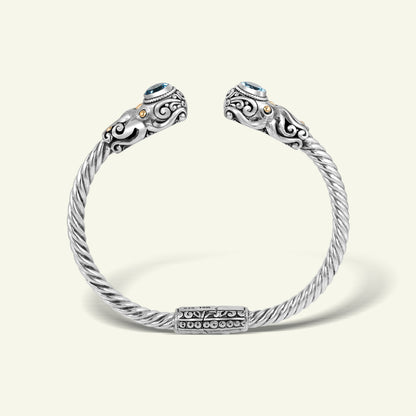 Handcrafted 925 Sterling Silver Twisted Rope Cuff Bracelet with Ornate Details and Dual Blue Gemstone Accents
