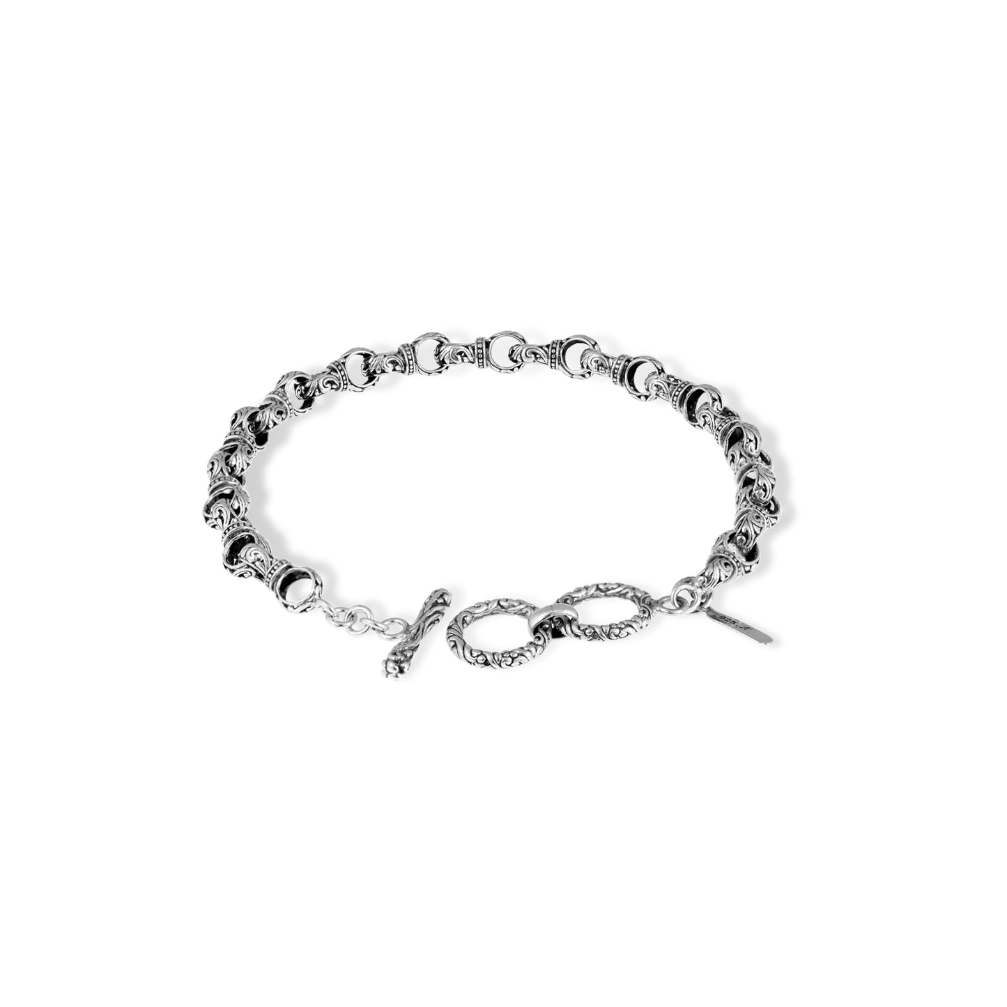 Sterling Silver Bali Scroll Link Chain Bracelet – Intricate Floral Swirl Engraving