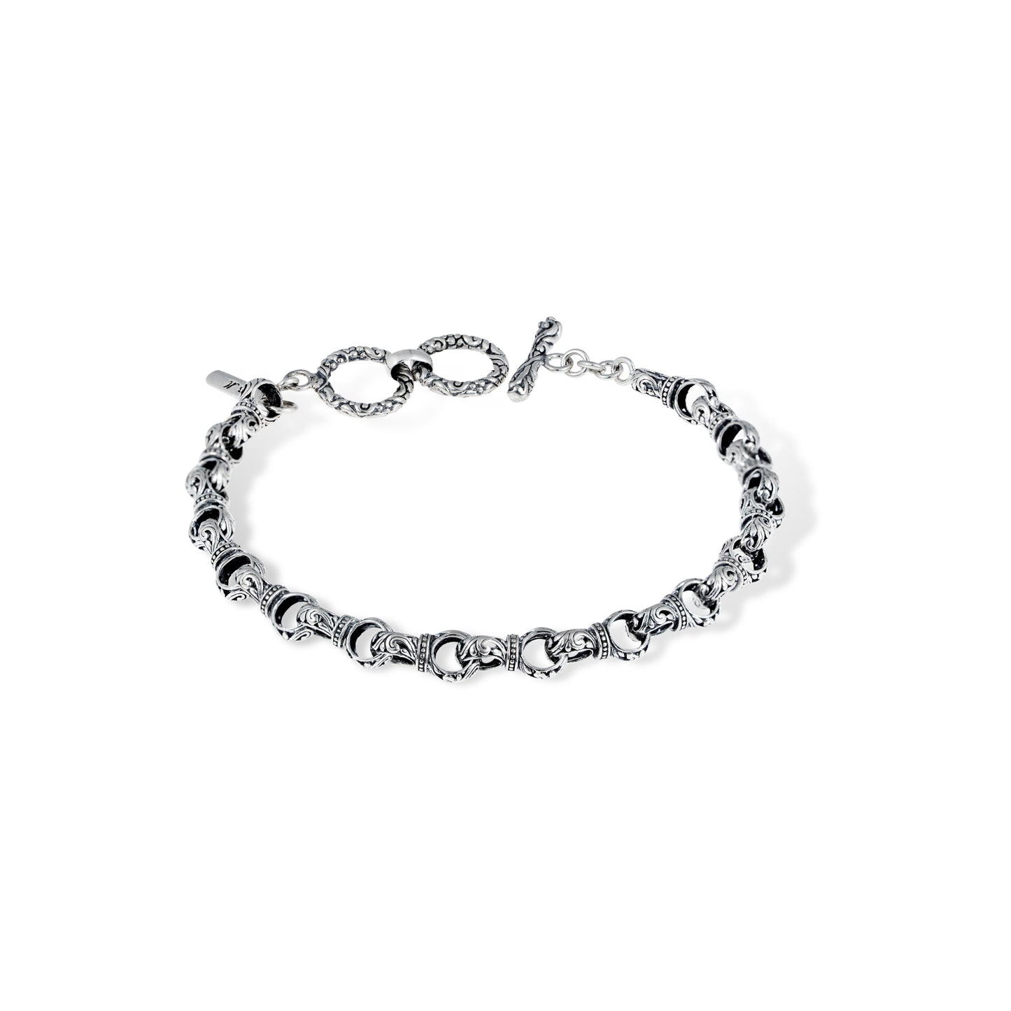 Sterling Silver Bali Scroll Link Chain Bracelet – Intricate Floral Swirl Engraving