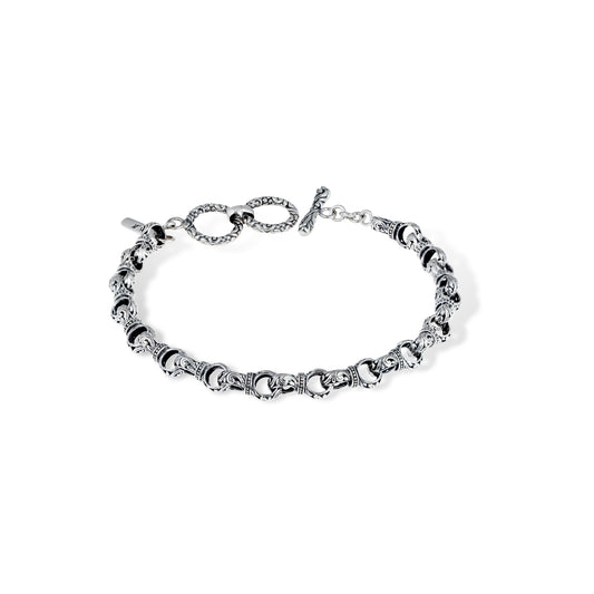 Sterling Silver Bali Scroll Link Chain Bracelet – Intricate Floral Swirl Engraving