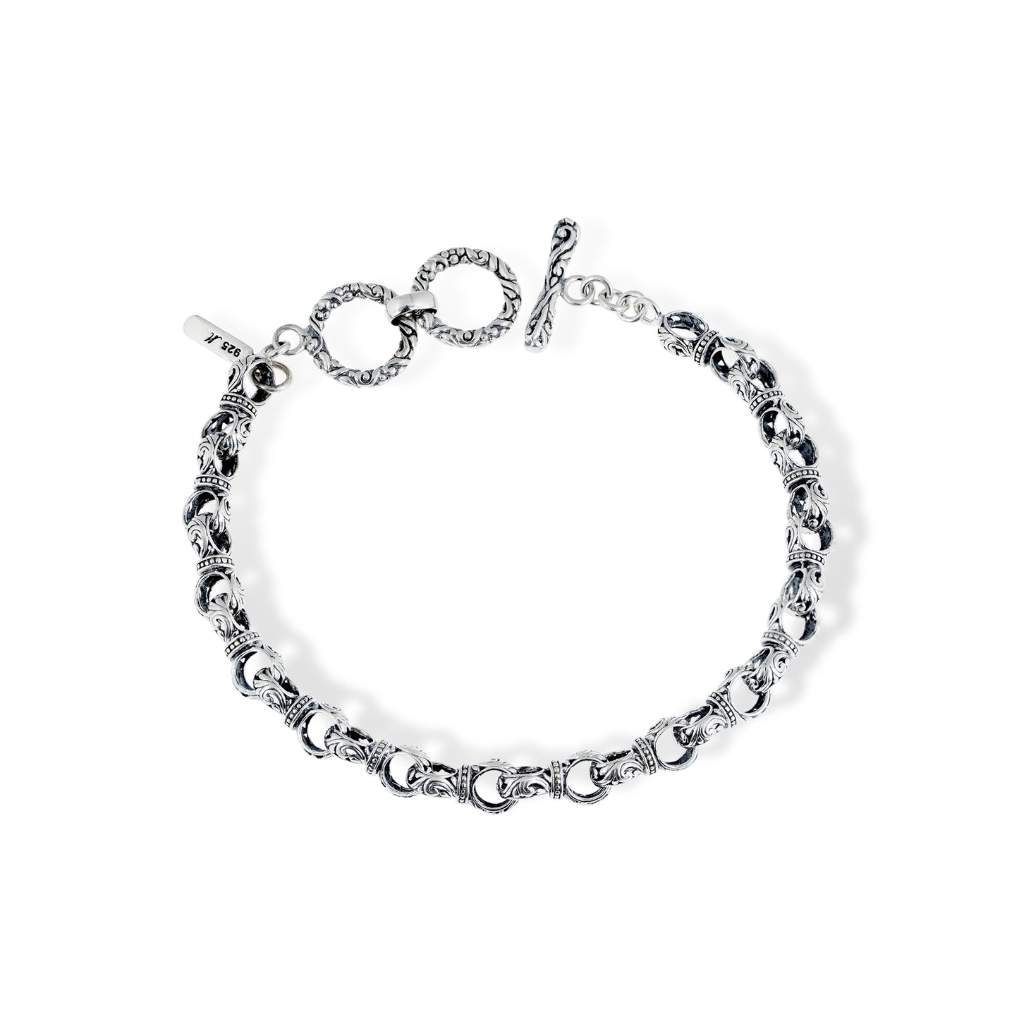 Sterling Silver Bali Scroll Link Chain Bracelet – Intricate Floral Swirl Engraving