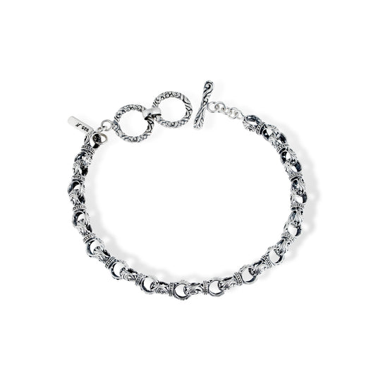 Sterling Silver Bali Scroll Link Chain Bracelet – Intricate Floral Swirl Engraving