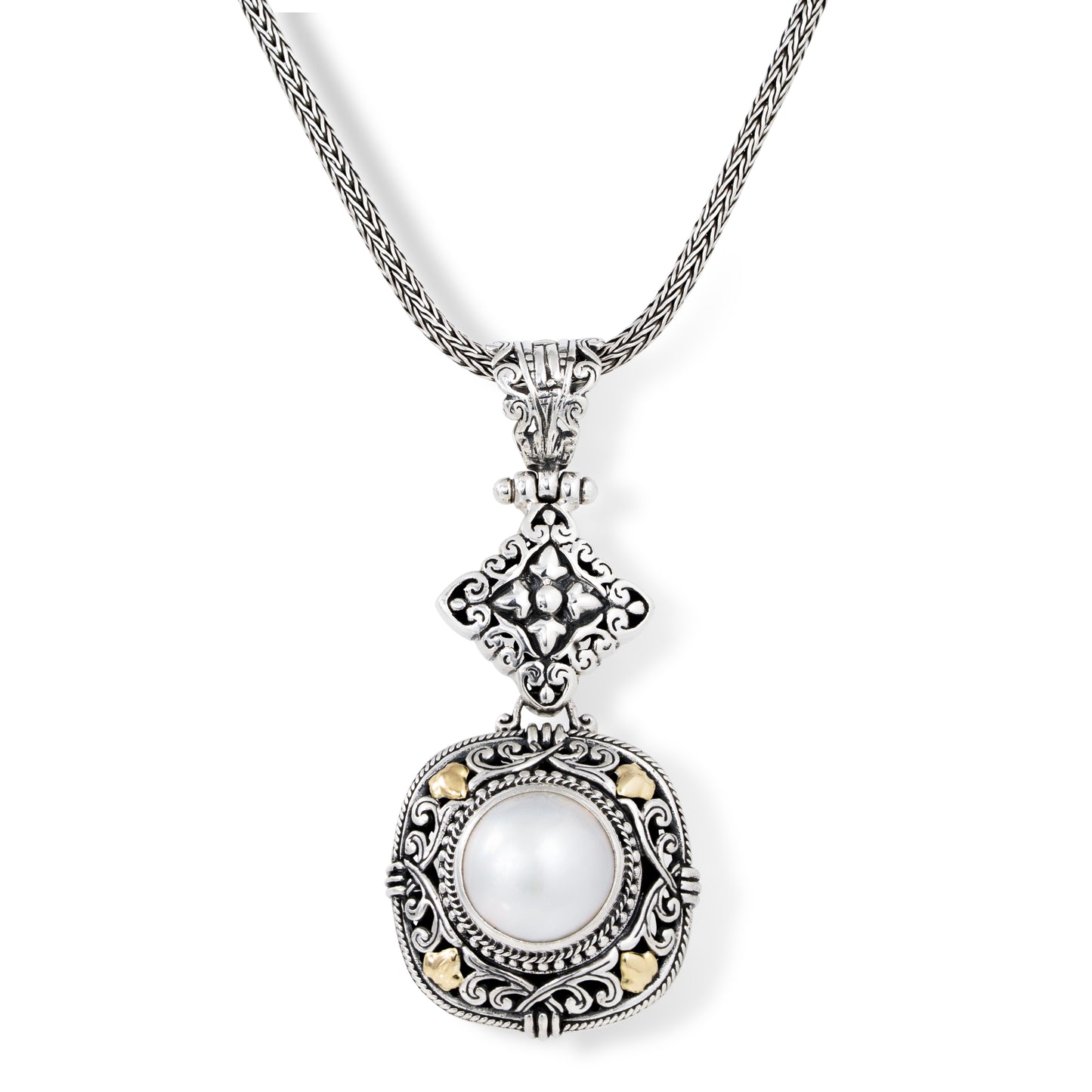 Sterling Silver Round Mother of Pearl Pendant Necklace with Ornate Scrollwork, 18K Gold Accents & Woven Silver Chain