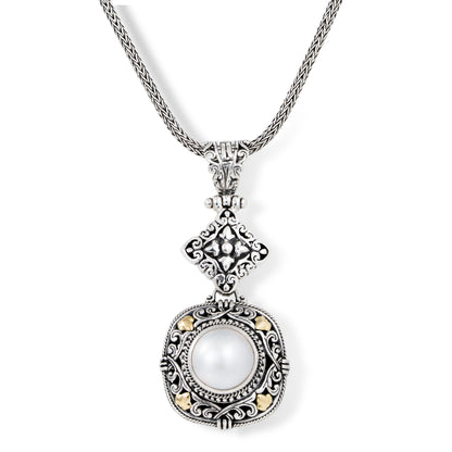 Sterling Silver Round Mother of Pearl Pendant Necklace with Ornate Scrollwork, 18K Gold Accents & Woven Silver Chain