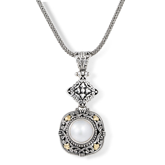 Sterling Silver Round Mother of Pearl Pendant Necklace with Ornate Scrollwork, 18K Gold Accents & Woven Silver Chain