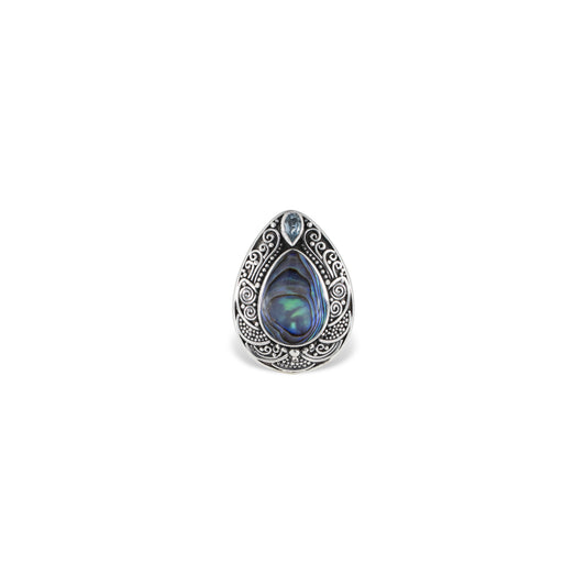 Handcrafted Sterling Silver Abalone Shell Ring with Intricate Scrollwork Engraving