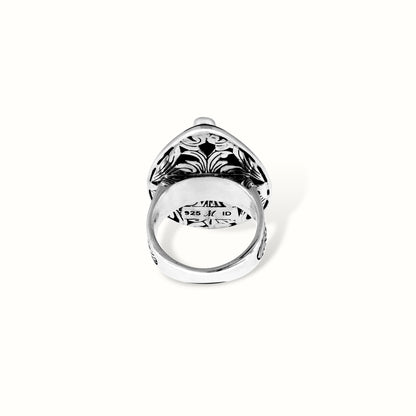 Handcrafted Sterling Silver Abalone Shell Ring with Intricate Scrollwork Engraving