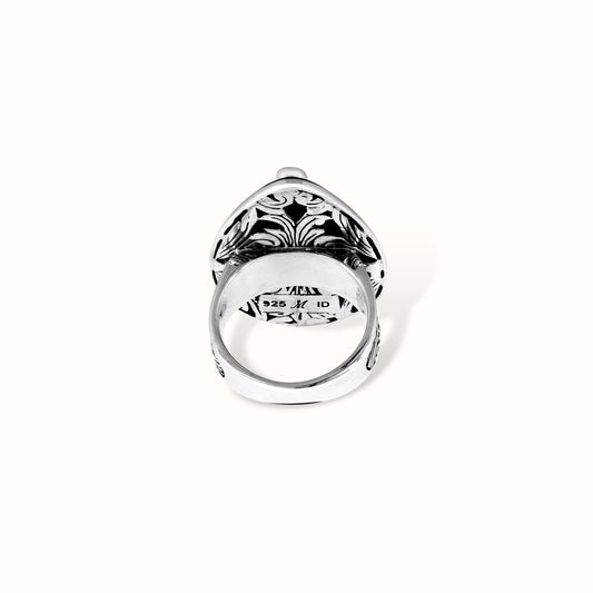 Handcrafted Sterling Silver Abalone Shell Ring with Intricate Scrollwork Engraving