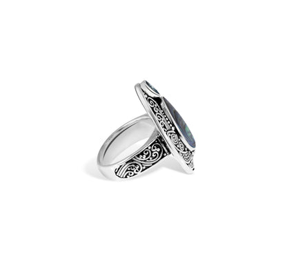 Handcrafted Sterling Silver Abalone Shell Ring with Intricate Scrollwork Engraving