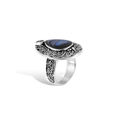 Handcrafted Sterling Silver Abalone Shell Ring with Intricate Scrollwork Engraving