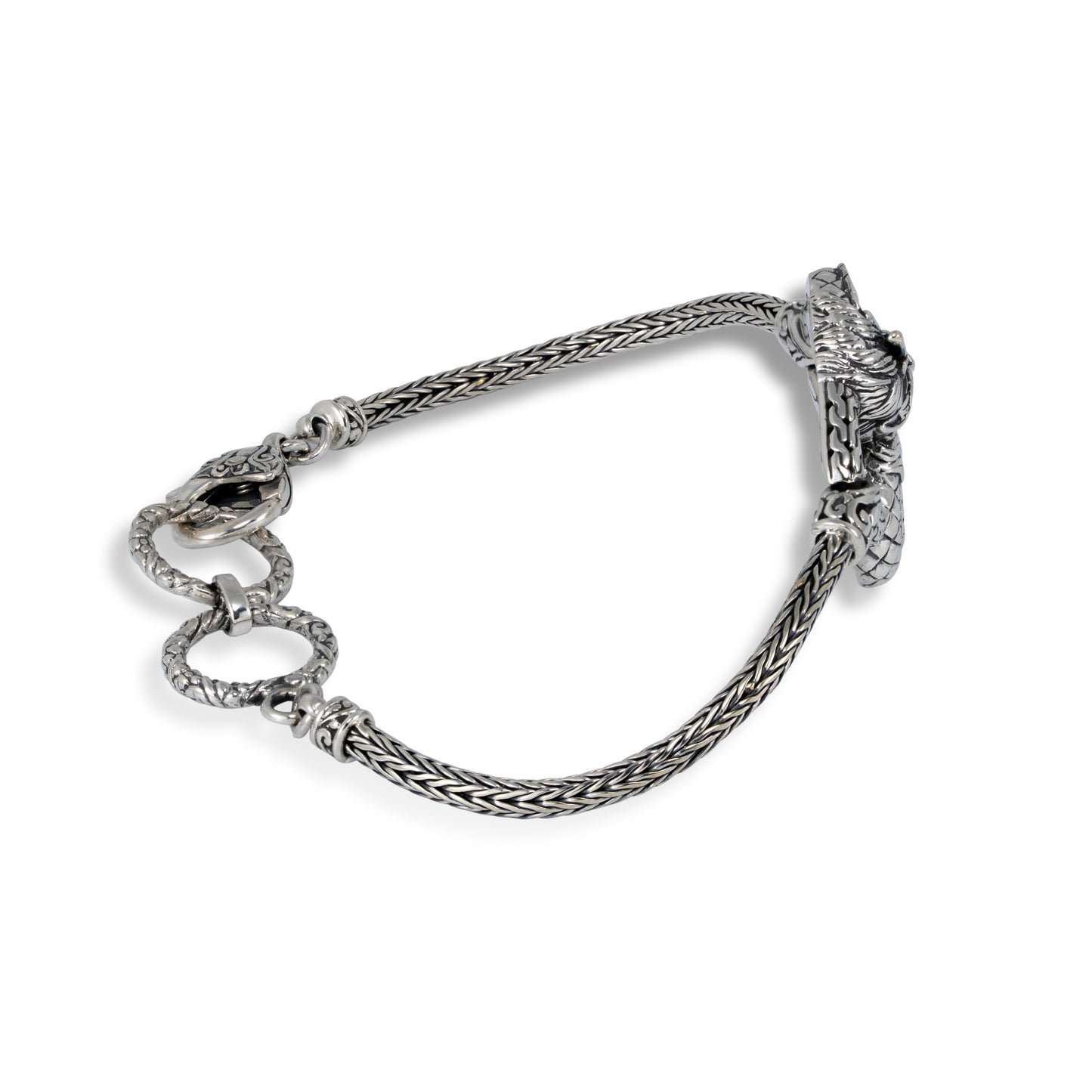 Silver Dragon Bracelet – Handcrafted Balinese Dragon Jewelry with Braided Chain Product Description