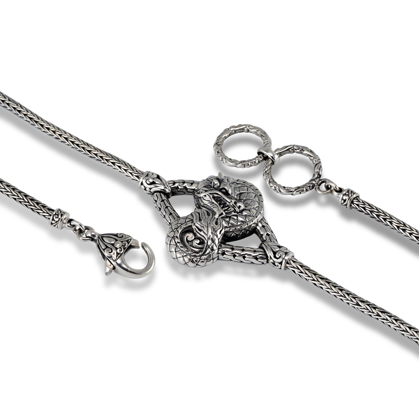 Silver Dragon Bracelet – Handcrafted Balinese Dragon Jewelry with Braided Chain Product Description