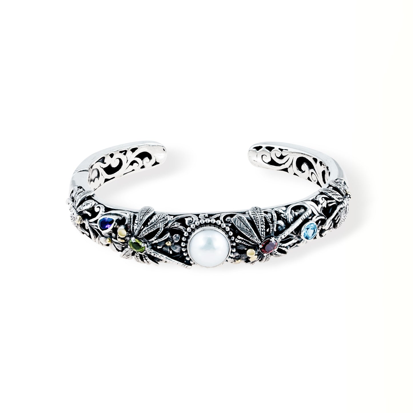 Handcrafted Balinese Sterling Silver Dragonfly Cuff Bracelet with Pearl & Multi Gemstones
