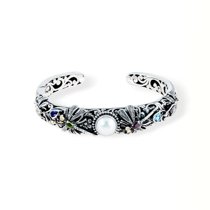 Handcrafted Balinese Sterling Silver Dragonfly Cuff Bracelet with Pearl & Multi Gemstones