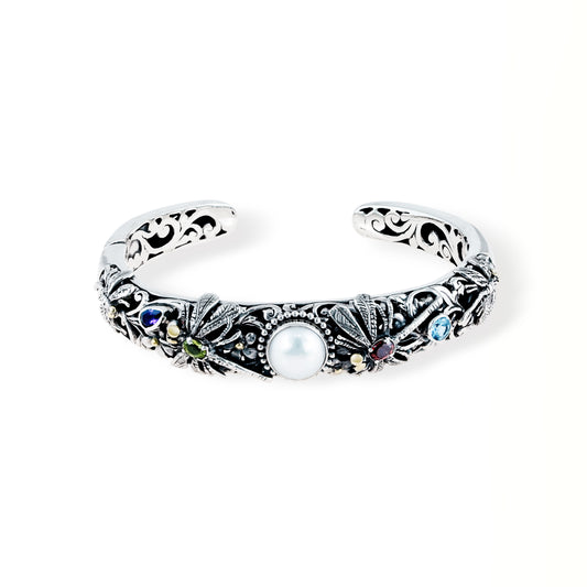 Handcrafted Balinese Sterling Silver Dragonfly Cuff Bracelet with Pearl & Multi Gemstones
