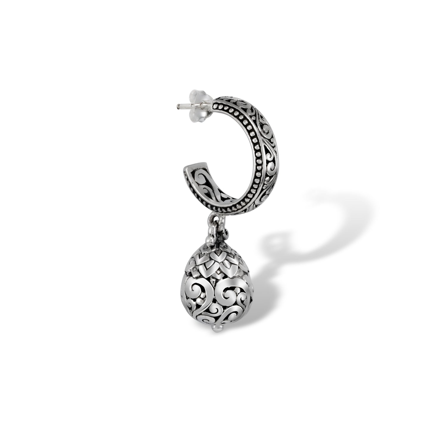 Balinese Scrollwork Hoop Earrings with Ornate Openwork Drop