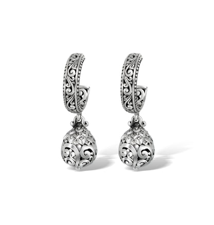 Balinese Scrollwork Hoop Earrings with Ornate Openwork Drop